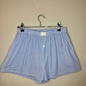 Blue White Striped Lounge Boxer Shorts Button Fly Stretch Sleep Shorts Medium